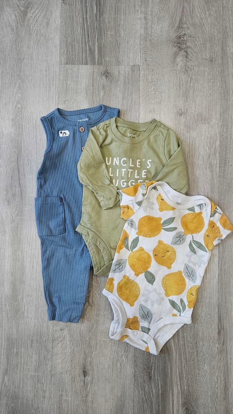 Carter's 3 Month Old Baby Clothes Pack of Three Overalls and Body Suit Bundle